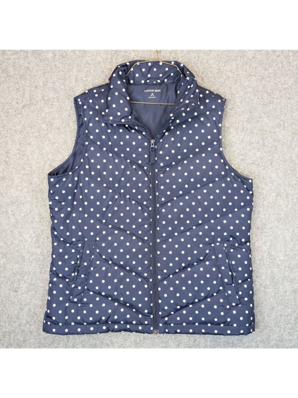 Lands End Womens Medium Puffer Vest Quilted Polka Dot Navy Zipper Front - Picture 2 of 7